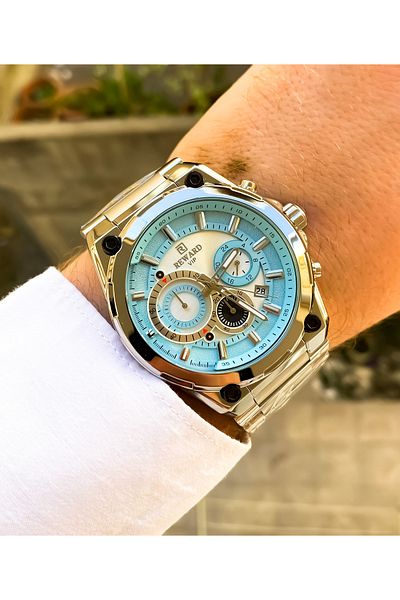 Reward Silver Color Blue Dial Waterproof Men Wrist Watch Bracelet Gift