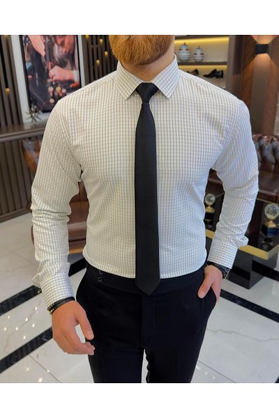 TerziAdemAltun Italian style checked tie collar cotton men's shirt beige T11151