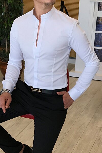 TerziAdemAltun Italian Cut Slim Fit Men's Judge Collar Shirt White T4797