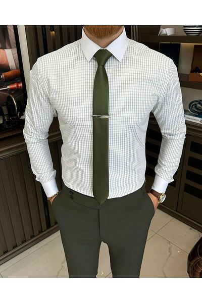 TerziAdemAltun Italian style checked tie collar cotton men's shirt beige T11159