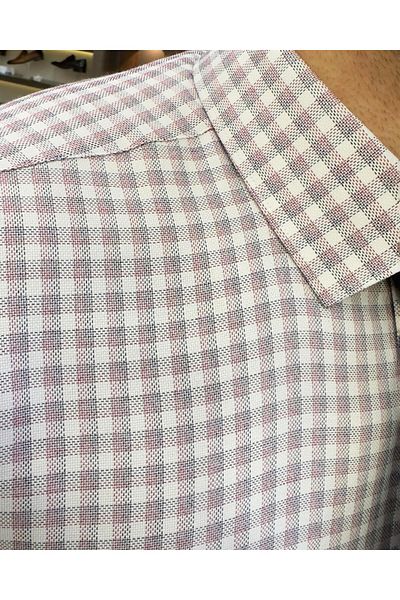 TerziAdemAltun Italian style plaid tie collar cotton men's shirt burgundy T11180