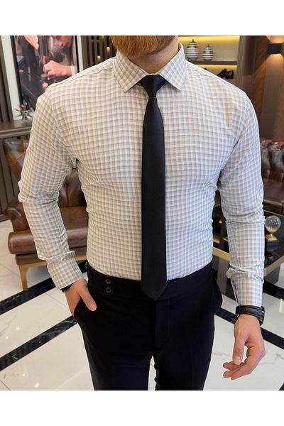 TerziAdemAltun Italian style plaid tie collar cotton men's shirt beige T11183