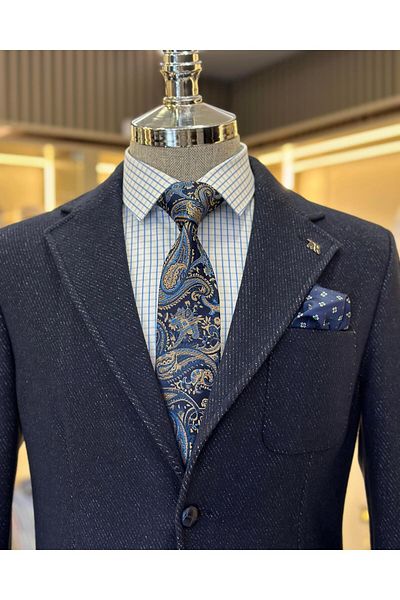 TerziAdemAltun Italian style slim fit mono collar bag pocket men's jacket navy blue T10358