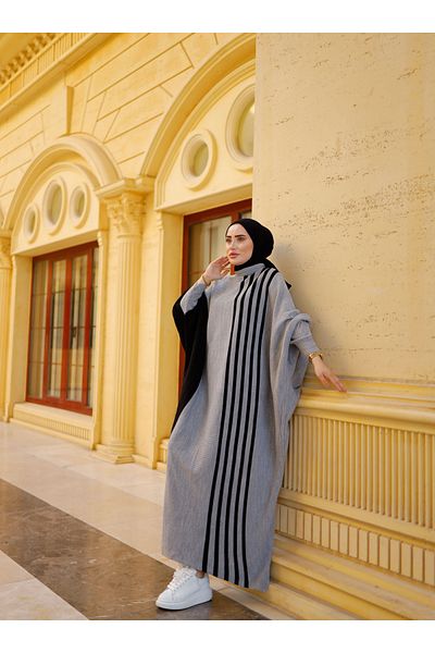 SAHRA BUTİK Side Striped Bat Knitwear Tesetur Dress - Gray - Sahra Boutique