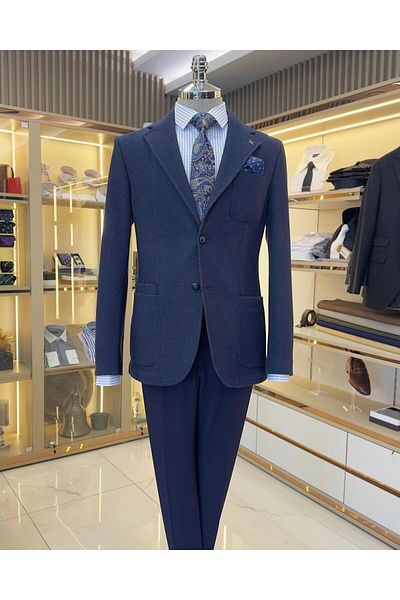 TerziAdemAltun Italian style slim fit mono collar bag pocket men's jacket navy blue T10358