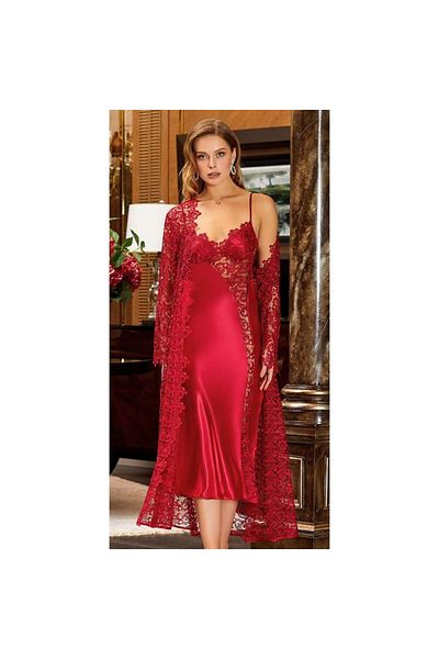 Jeremi 619 Dowry Silk Satin Lace Long Six-Piece Set - Claret Red