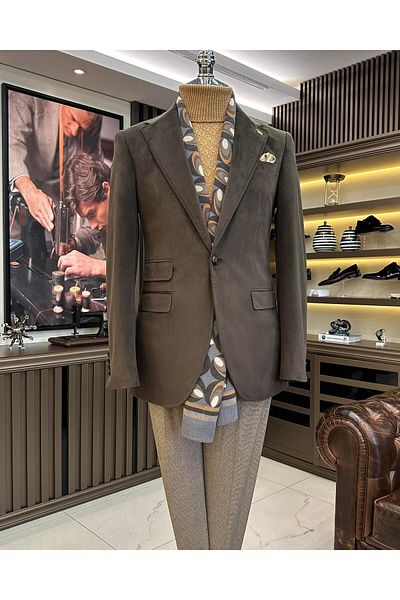 TerziAdemAltun Italian style mono collar velvet men's single jacket brown T11048