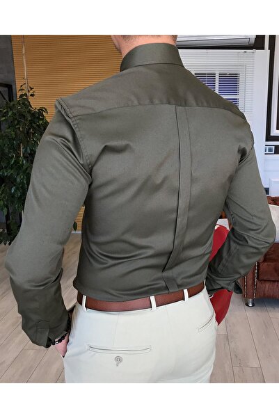 TerziAdemAltun Ανδρικό πουκάμισο σατέν με γιακά ιταλικού στυλ Slim Fit Khaki T4745