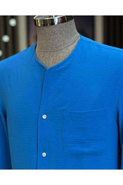 TerziAdemAltun Ανδρικό πουκάμισο χωρίς γιακά Blue Slim Fit Italian Style - T11875