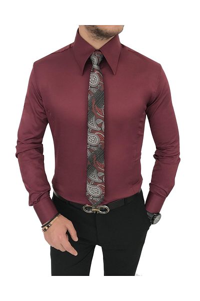 TerziAdemAltun Italian Style Slim Fit Pointed Collar Satin Men's Shirt Burgundy T7212