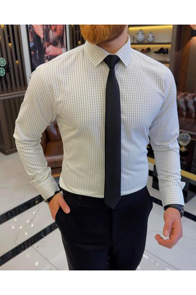 TerziAdemAltun Italian style checked tie collar cotton men's shirt beige T11151
