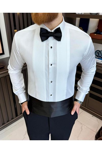 TerziAdemAltun Italian Style Slim Fit Tie Collar Pleated Double Cuff Men's Shirt White T11604