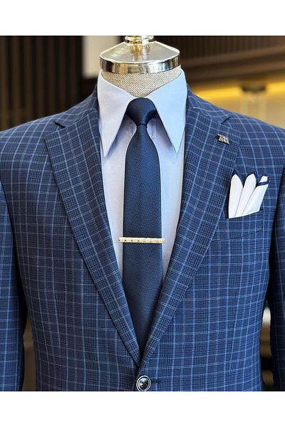 TerziAdemAltun Navy Blue Plaid Mono Collar Men's Jacket - Regular Fit T11530