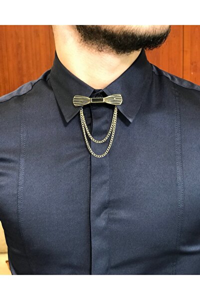 TerziAdemAltun Італійський крій slim fit чоловіча сорочка з ланцюжком з атласу, темно-синя T4802