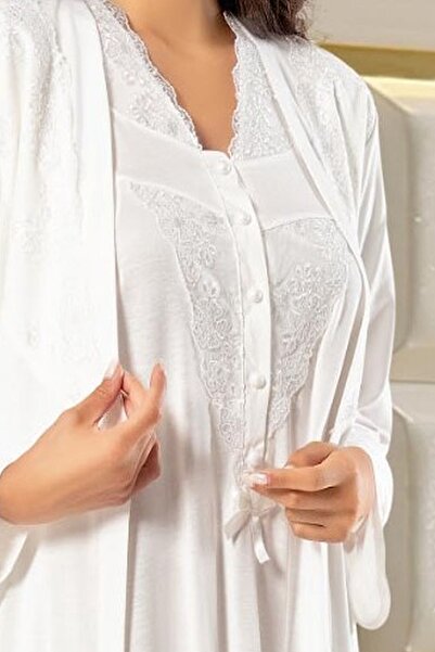 Xses 2370 Women's Pregnant Maternity Dressing Gown and Nightgown Set-ecru