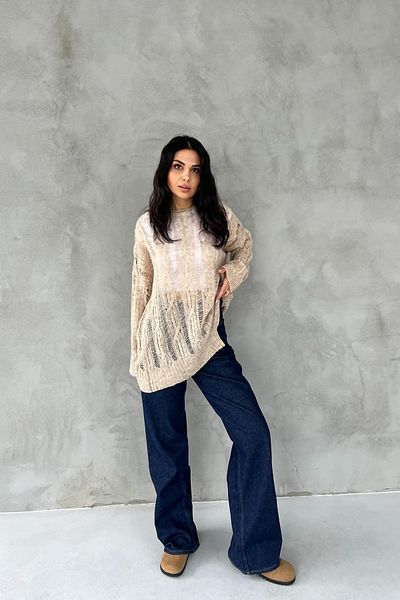 Seda Yalçın Atelier Pulover ajurat împletit cu păr bej