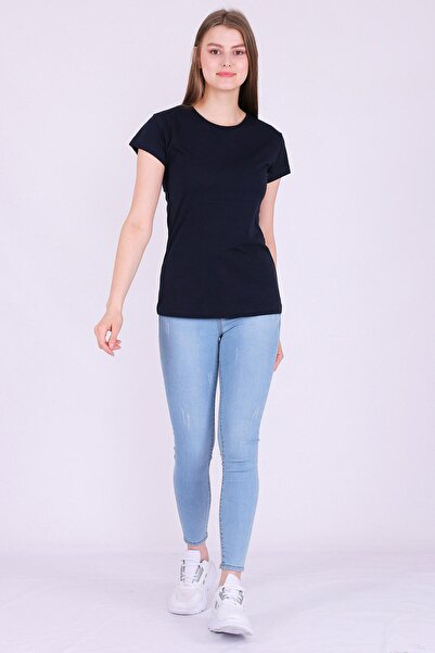 Tshirthane Γυναικείο πλεκτό κοντομάνικο μπλουζάκι Navy Blue 100% Cotton Crew Neck Basic Unprinted