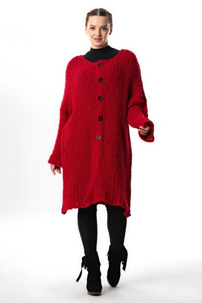 Eliş Şile Bezi Φθινοπωρινή και χειμερινή κόκκινη μακριά πλεκτή ζακέτα - Λεπτο...