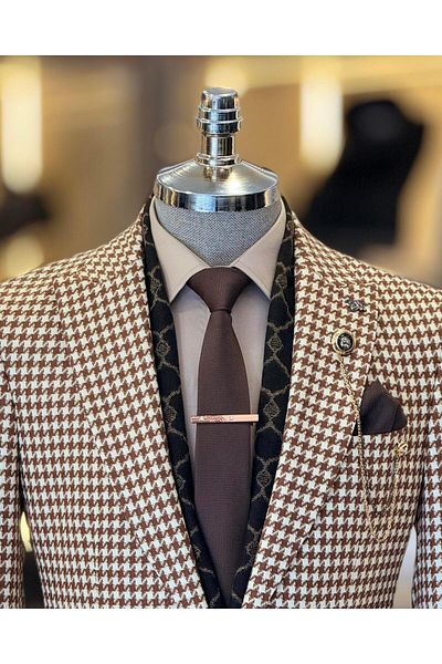 TerziAdemAltun Italian style slim fit houndstooth pattern men's jacket brown T11501