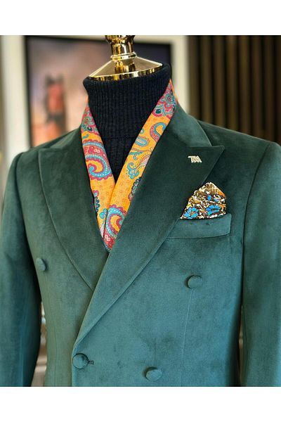 TerziAdemAltun Italian style velvet double-breasted men's single jacket Green T11030
