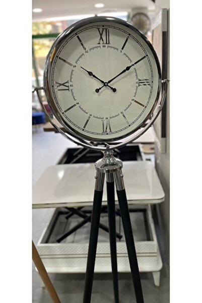 Evistro Tripod Ayaklı Dekoratif Saat Roma Rakamlı Krom- Siyah Ayaklı