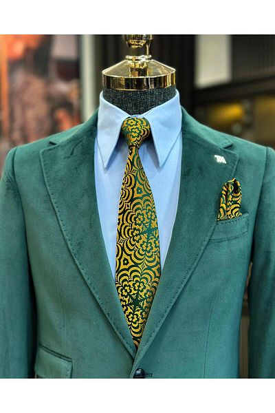 TerziAdemAltun Italian style velvet men's single jacket green T11042