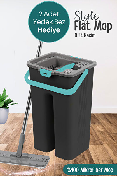 grimorlife Style Flat Mop Temizlik Kova Paspas Seti Siyah Renk 9 Litre+ 2 Ade...