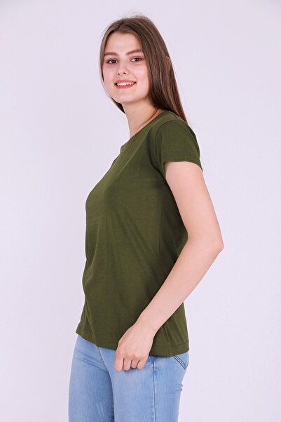 Tshirthane Χακί Πράσινο Χρώμα 100% Cotton Crew Neck Basic Unprinted Γυναικείο πλεκτό κοντομάνικο μπλουζάκι