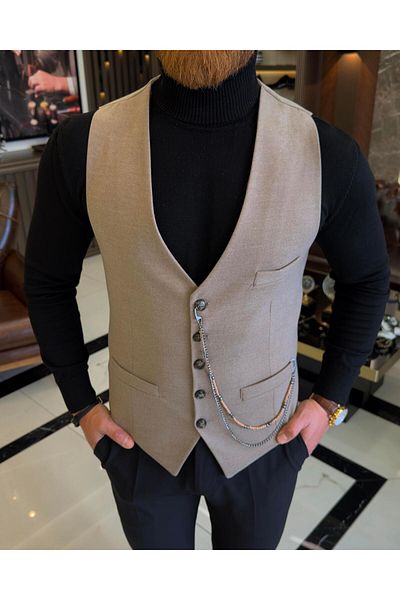 TerziAdemAltun Italian style slim fit pocket vest beige T10259