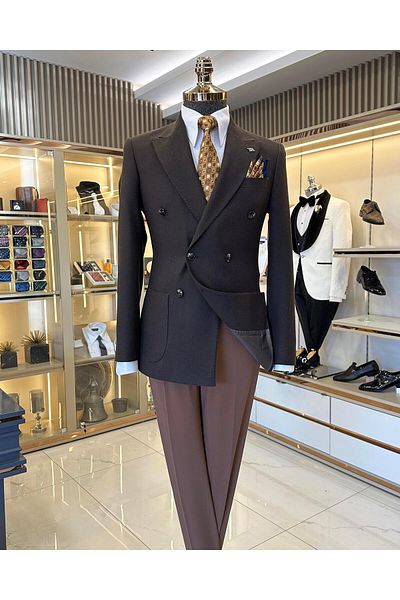 TerziAdemAltun Italian style slim fit double breasted men's jacket brown T10969