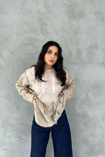 Seda Yalçın Atelier Pulover ajurat împletit cu păr bej