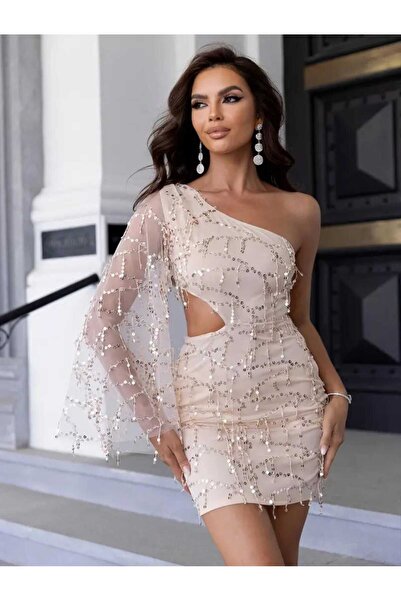 MODAS TEK KOLLU SAÇAKLI PULLU MİNİ ELBİSE