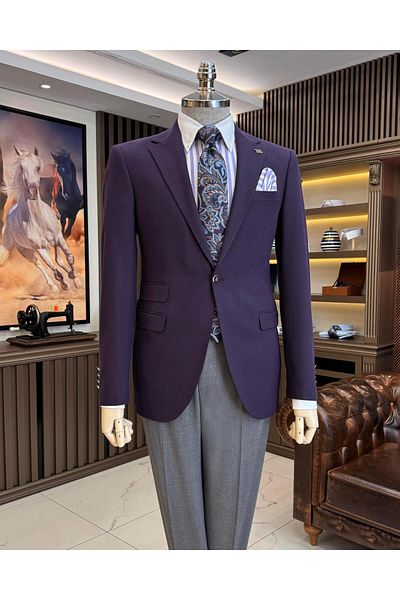 TerziAdemAltun Men's purple slim fit Italian style mono collar jacket - T10754