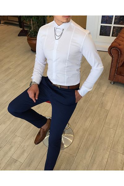 TerziAdemAltun Italian Cut Slim Men's Satin White Chain Shirt T4091