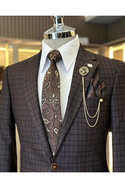 TerziAdemAltun Italian style slim fit mono collar plaid men's jacket brown T10750