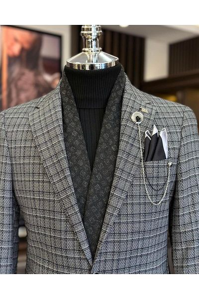 TerziAdemAltun Italian style slim fit mono collar plaid men's jacket black T10751