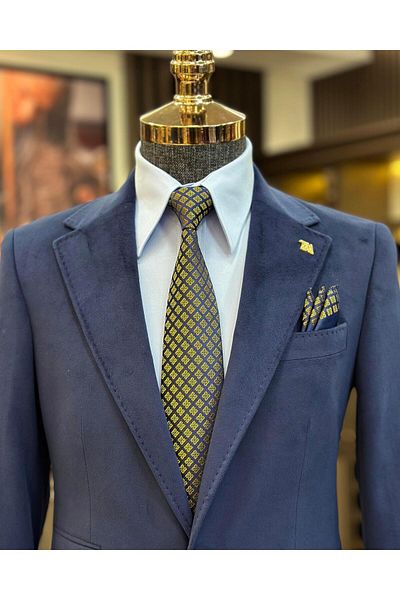 TerziAdemAltun Italian style mono collar velvet men's single jacket navy blue T11046