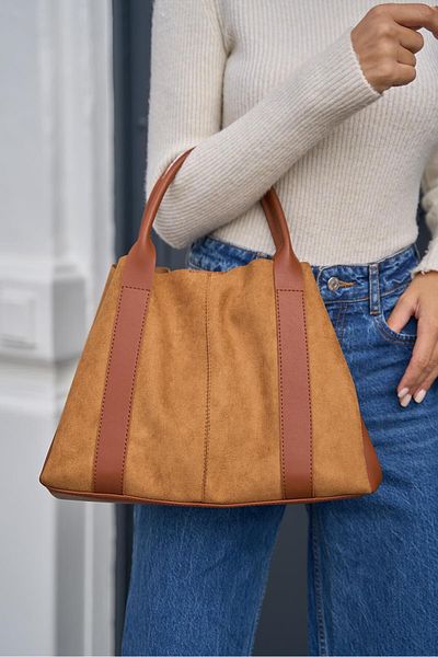 Madamra Taba Wildleder Damen Streifen Leder Detaillierte Wildleder Hand- und Umhängetasche