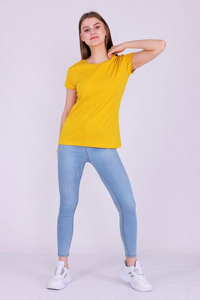 Tshirthane Tricou tricotat cu mânecă scurtă pentru femei, de bază, neimprimat, 100% bumbac, de culoare galbenă