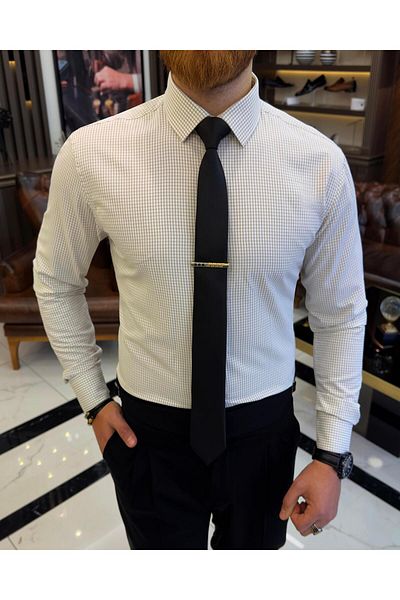 TerziAdemAltun Italian style checked tie collar cotton men's shirt beige T11168