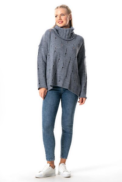 Eliş Şile Bezi Indigo Knitwear Blouse for Autumn and Winter - Wide Neck, Long Sleeve