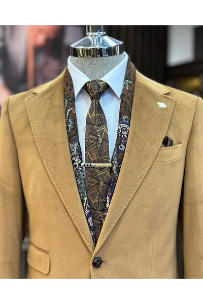 TerziAdemAltun Italian style velvet men's single jacket camel T11040