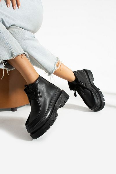 İnan Ayakkabı Black Skin Lace Up Γυναικείες Μπότες Ύψος σόλας 7 cm