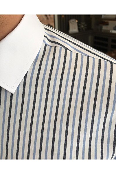 TerziAdemAltun Ανδρικό πουκάμισο με γιακά με ριγέ λεπτή εφαρμογή ιταλικού στυλ λευκό T9235