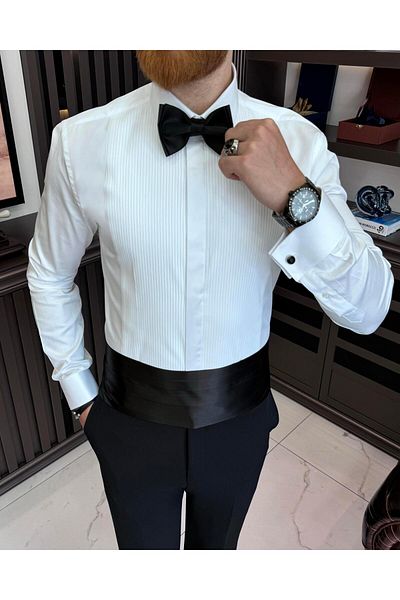 TerziAdemAltun Italian style slim fit tie collar double cuff men's shirt white T11600