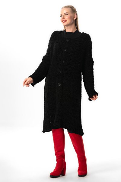 Eliş Şile Bezi Осінньо-зимовий чорний трикотажний кардиган - довгі рукави, де...