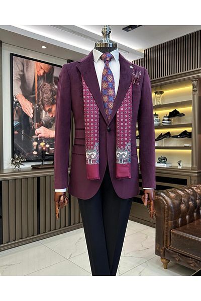 TerziAdemAltun Italian style velvet men's single jacket burgundy T11044