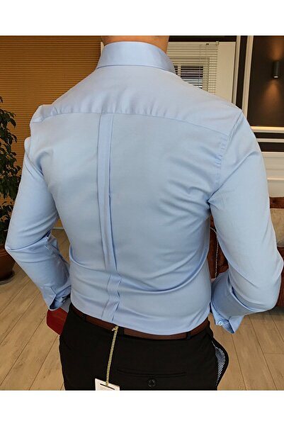 TerziAdemAltun İtalyan Stil Slim Fit Dik Yaka Saten Erkek Gömlek Mavi T4750