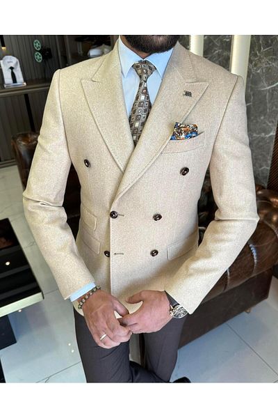 TerziAdemAltun Italian style slim fit double breasted stamped men's jacket camel T10298