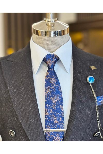 TerziAdemAltun Navy Blue Men's Jacket - Italian Style, Mono Collar, Button Detailed T10546